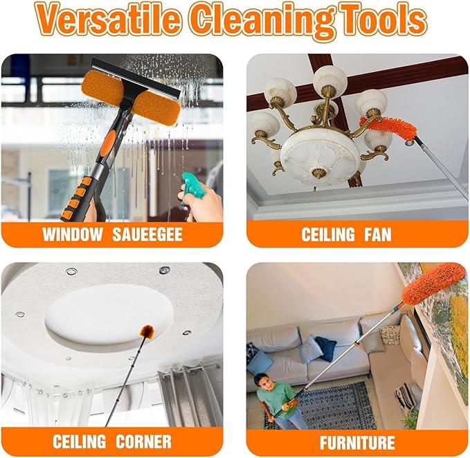 26FT High Reach Duster Cleaning Kit with Extension Pole, High Ceiling Fan Cleaner Duster Tool for Fan Blades, Window Washing Kit with Microfiber Feather Duster & Window Squeegee - NeatNest