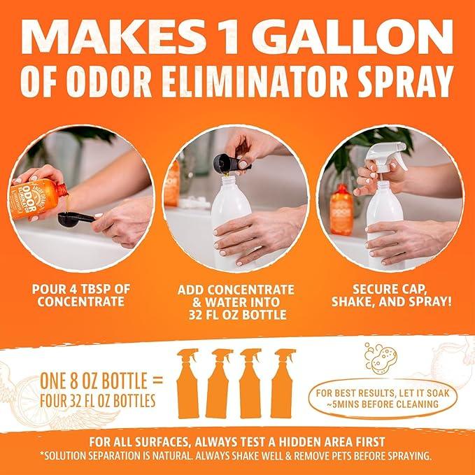 Angry Orange Pet Odor Eliminator for Home - 8oz Dog and Cat Pee Smell Remover for Carpet, Grass, Tile and Furniture - Citrus Concentrate, Makes 128oz of Liquid - NeatNest