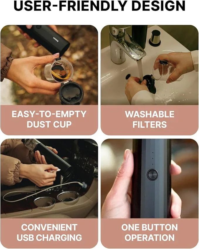 Owleys Portable Handheld Car Vacuum Cleaner with HEPA & Stainless Steel Filter, 6000–16000PA Suction, 85000 RPM Motor, 40-Min Battery Life, Cordless Mini Vacuum for Car, Home, and Office - NeatNest
