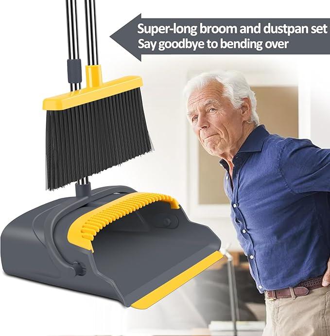 kelamayi Upgrade Broom and Dustpan Set, Broom with Dustpan Combo Set, Self-Cleaning with Dustpan Teeth, Indoor&Outdoor Sweeping, Stand Up Broom and Dustpan (Gray&Yellow) - NeatNest