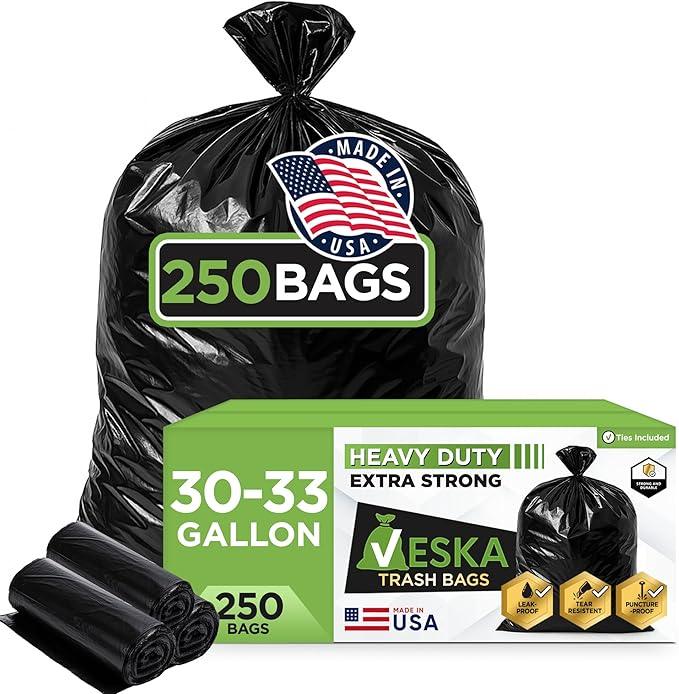 Veska 30-33 Gallon Trash Bags Heavy Duty | 250 Bags Mega-ValuePack | Black Large Trash Bags 30 Gallon - 32 Gallon - 33 Gallon. - NeatNest