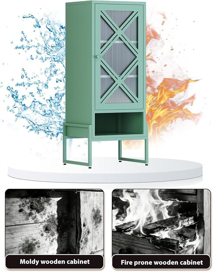 Metal Storage Cabinet with Adjustable Shelves, 42.54"H Freestanding Organizer for Pantry, Kitchen, Bathroom & Laundry Room, Strong & Rust-Resistant, Easy Assembly (Green+Transparent Door Panel) - NeatNest
