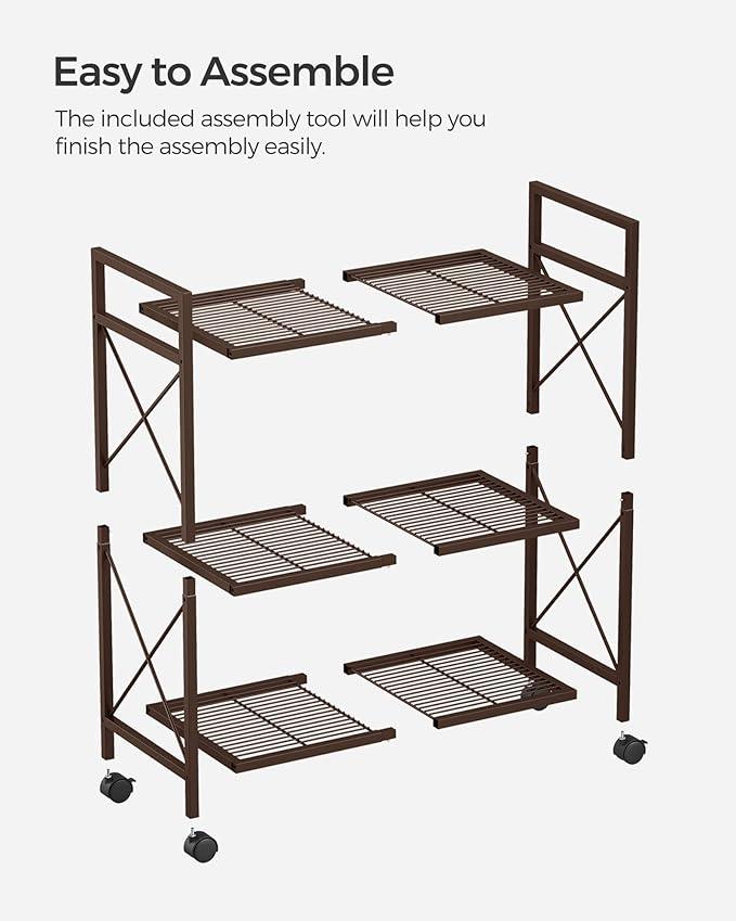 SONGMICS 3-Tier Metal Storage Rack with Wheels, Mesh Shelving Unit with X Side Frames, 23.6-Inch Width, for Entryway, Kitchen, Living Room, Bathroom, Industrial Style, Metallic Bronze UBSC163A01 - NeatNest
