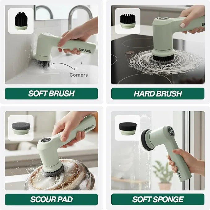 Electric Spin Scrubber – Handheld & Ergonomic, IPX7 Waterproof, 4 Multi-Purpose Brush Heads, Long-Lasting Rechargeable Battery – Cleans Dishes, Bathroom, Tile, Grout & Kitchen (Sage) - NeatNest
