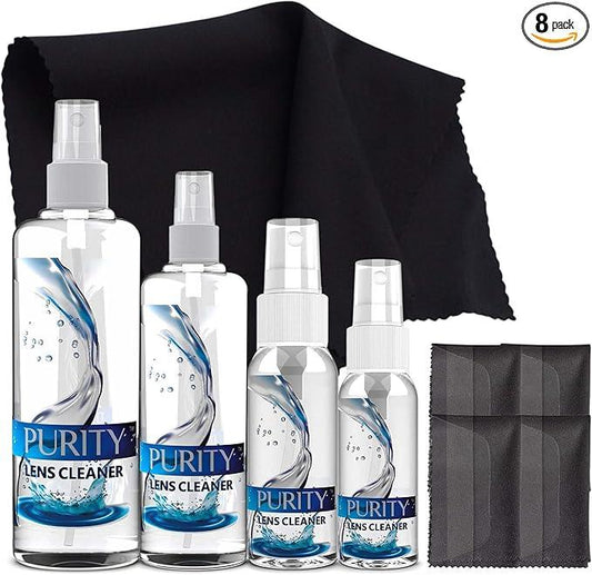 Purity Eyeglass Cleaner Family Pack - Multi-Size Lens Cleaner Kit - 1x1oz, 1x2oz, 1x4oz, 1x8oz Bottles + 4 Premium Microfiber Cloths - Safe for All Lenses, Eyeglasses, & Screens - Streak-Free Formula - NeatNest