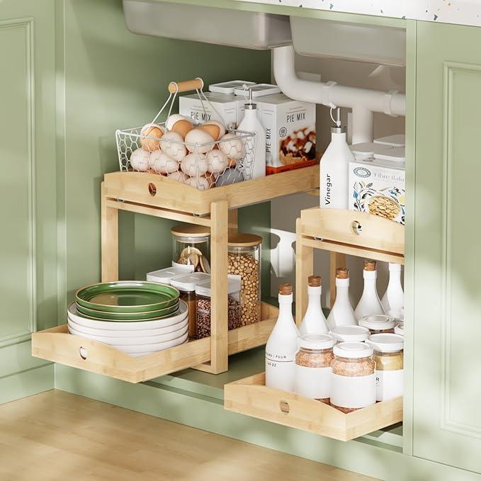 Bamboo Wood Under Sink Organizer 1 Pack, Pull Out Cabinet Organizer 2 Tier Under Sink Organizers and Storage with Sliding Drawer Sturdy Easy Assembly for Kitchen Bathroom Undersink (Nature, 2 Packs) - NeatNest