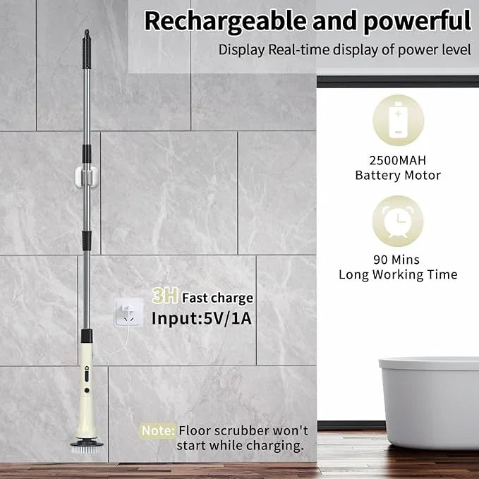 Electric Spin Scrubber, Hillyfe Bath Scrubber for Cleaning with 7 Replaceable Brush Heads, IPX7 Waterproof,300/400 RPM, 3 Adjustable Size,Cordless Shower Cleaner Brush for Bathroom Floor,Beige - NeatNest