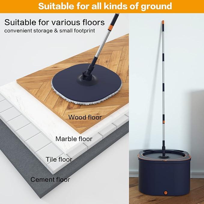 Flat Floor Mop and Bucket System Set with Wringer, Spin Mop and Bucket Separate Clean and Dirty Water with Self Separation for Hardwood, Laminate, Tile, Floor Cleaning, Wet and Dry Use, Navy Blue - NeatNest
