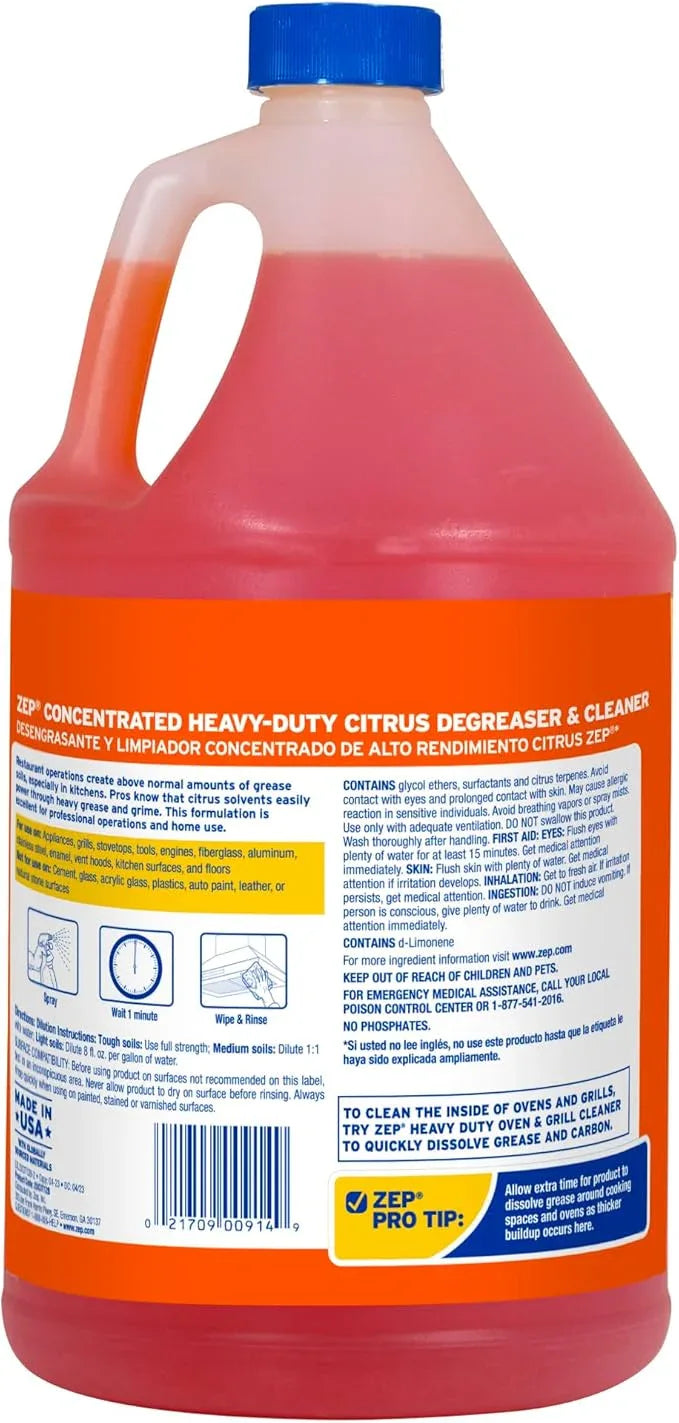 Zep Heavy-Duty Citrus Degreaser Cleaner Concentrate - 1 Gallon (Case of 4) ZUCIT128 - Restaurant Grade Degreaser and Cleaner Removes Oil, Grease, Adhesive, and Kitchen Soil on Stovetops, Appliances - NeatNest