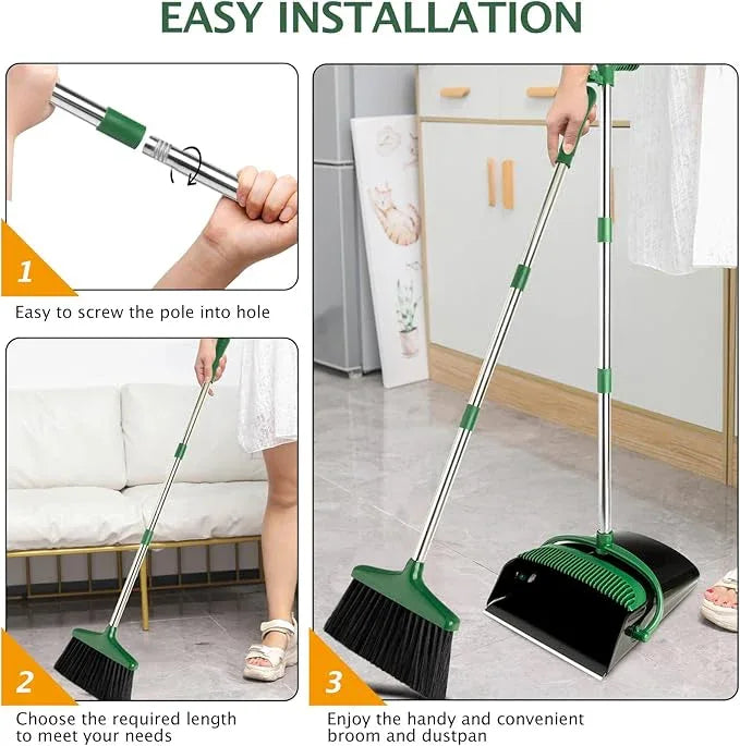 Broom and Dustpan Set with Long Handle, Light Weight Stainless Steel Poles Stand Upright Dustpans with Broom Combo for Home Kitchen Office Pet Dog Hair, 1-Pack(Black Green) - NeatNest