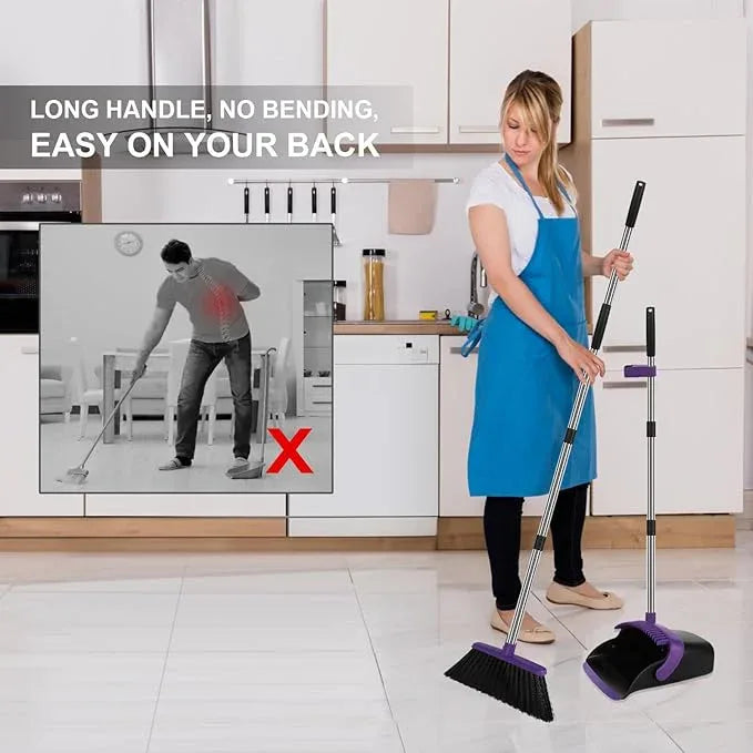 Broom and Dustpan Set, Large Household Dustpans and Broom with 55 Inch Long Handle, Pueple Broom with Dustpan Combo Set for Home - NeatNest