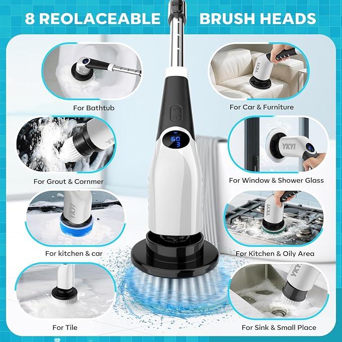 YKYI Electric Spin Scrubber,Cordless Cleaning Brush,Shower Cleaning Brush with 8 Replaceable Brush Heads,Power Scrubber 3 Adjustable Speeds,Adjustable & Detachable Long Handle,Voice Broadcast - NeatNest
