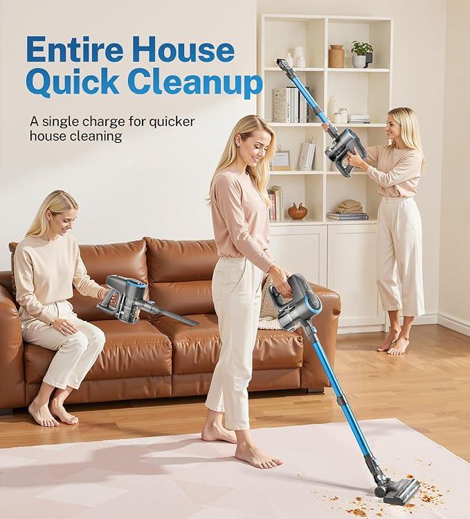 DEVOAC N300 Cordless Vacuum Cleaner, 6 in 1 Lightweight Stick Vacuum, 2200mAh Battery Up to 40mins Runtime, Powerful Handheld Vacuum for Hard Floor Rug Pet Hair Home Dorm (Blue) - NeatNest