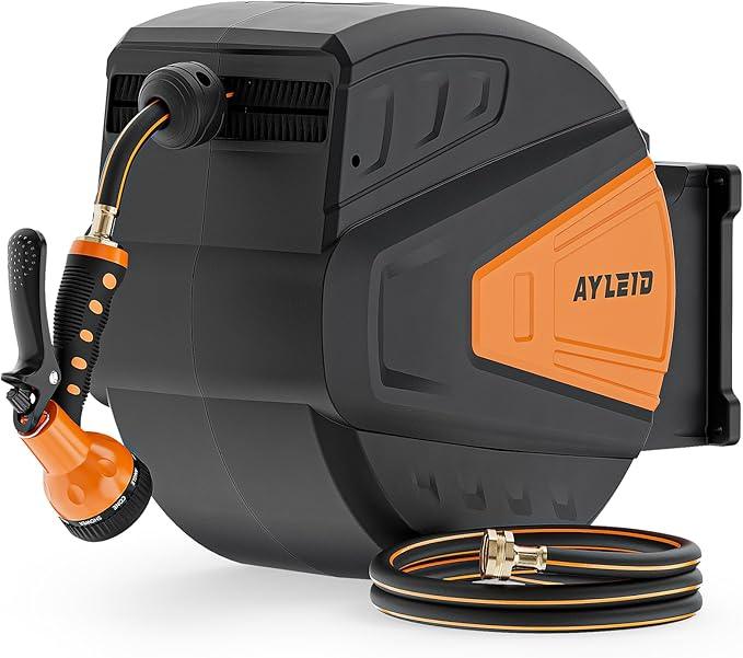 Ayleid Retractable Garden Hose Reel,5/8 in x 100 FT Wall Mounted Hose Reel, with 9- Function Sprayer Nozzle, Any Length Lock/Slow Return System/Wall Mounted/180°Swivel Bracket (Black) - NeatNest