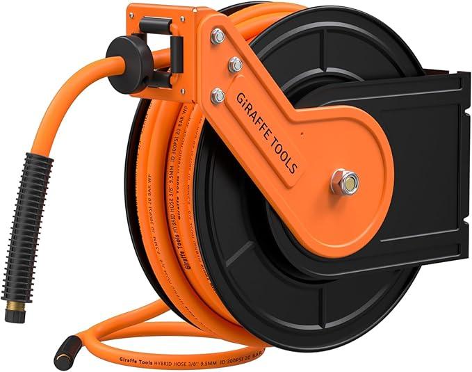 Giraffe Tools TA10B Air Hose Reel 25 ft Retractable Wall Mount Air Compressor Heavy Duty Steel Auto Rewind 300PSI, 25ft, Tangelo - NeatNest