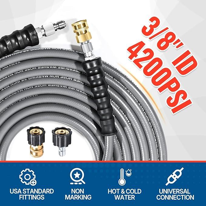 YAMATIC 3/8" Pressure Washer Hose 50FT with Swivel Quick Connect, 4200 PSI Non Marking Rubber Wear Resistant Steel Braided Industry Grade for Hot/Cold Water Gas Power Washer - NeatNest
