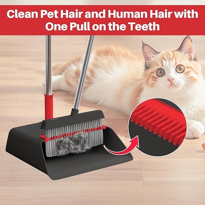JOYMOOP Black and Red Broom and Dustpan Set, Upright Angle Design with Built-in Comb Teeth for Home, Office, Hard Floors - NeatNest