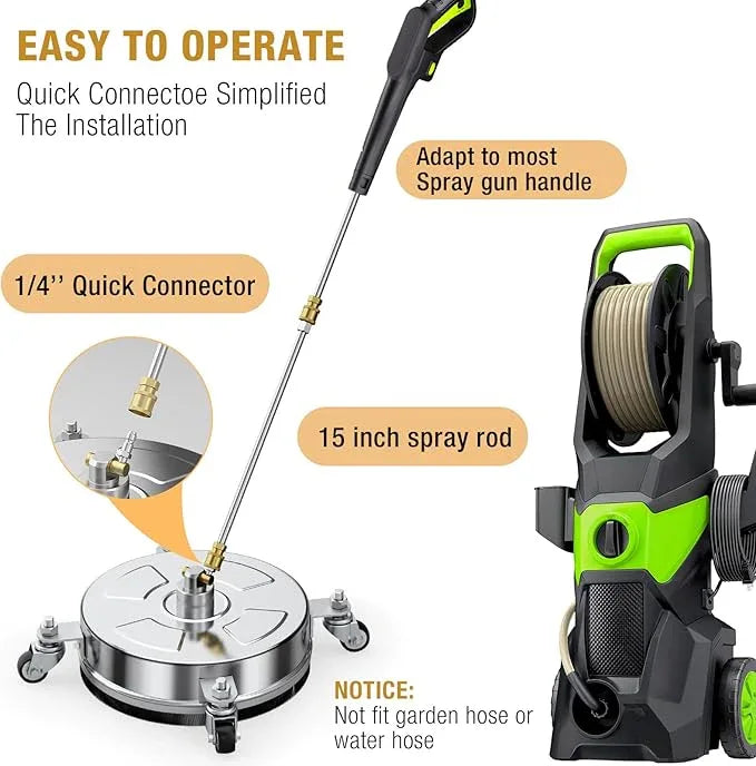 14" Pressure Washer Surface Cleaner with 4 Wheels, Stainless Steel Housing, 4000 PSI Max, 3 Connect Nozzles & 2 Extension Wands, Pressure Washer Surface Cleaner for Concrete, Patios, Sidewalks - NeatNest