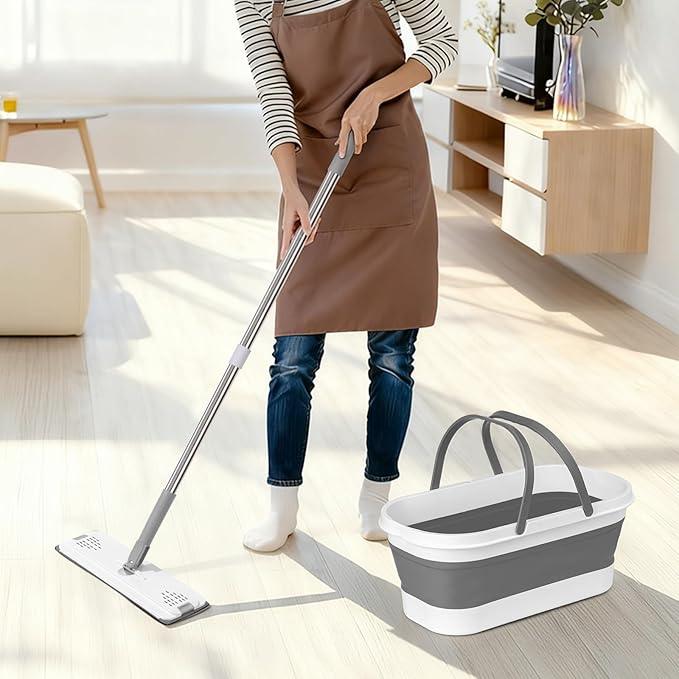 Flat Mop and Bucket Set with Heavy Duty Scrub Brush, 2 Washable Reusable Microfiber Pads, for Tile Hardwood, Wall Cleaning, Home Indoor or Outdoor Cleaning (White-Gray) - NeatNest
