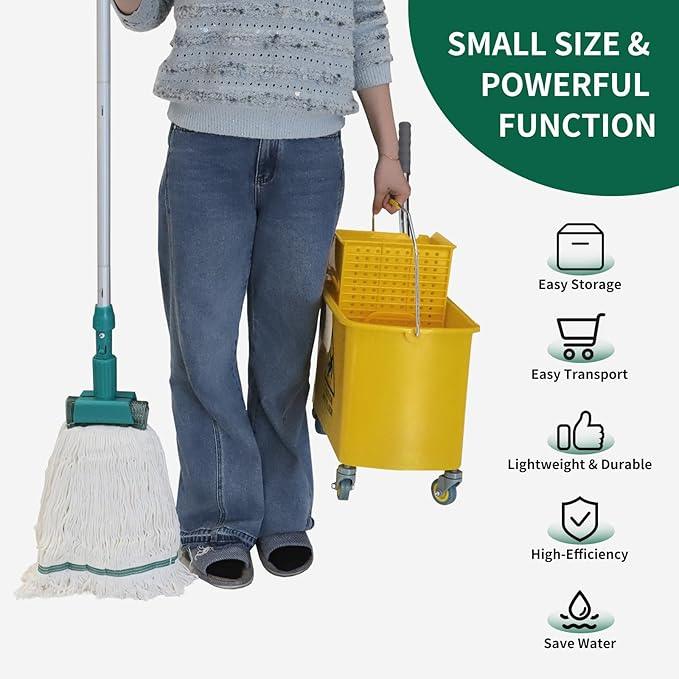 22 Qt (5.5 Gallon) Mop Bucket with Wringer for Floor Cleaning, Handle, Wheels, 16.5" L x 10.6" W x 26.4" H, Yellow,Add One Loop-end String Mop - NeatNest
