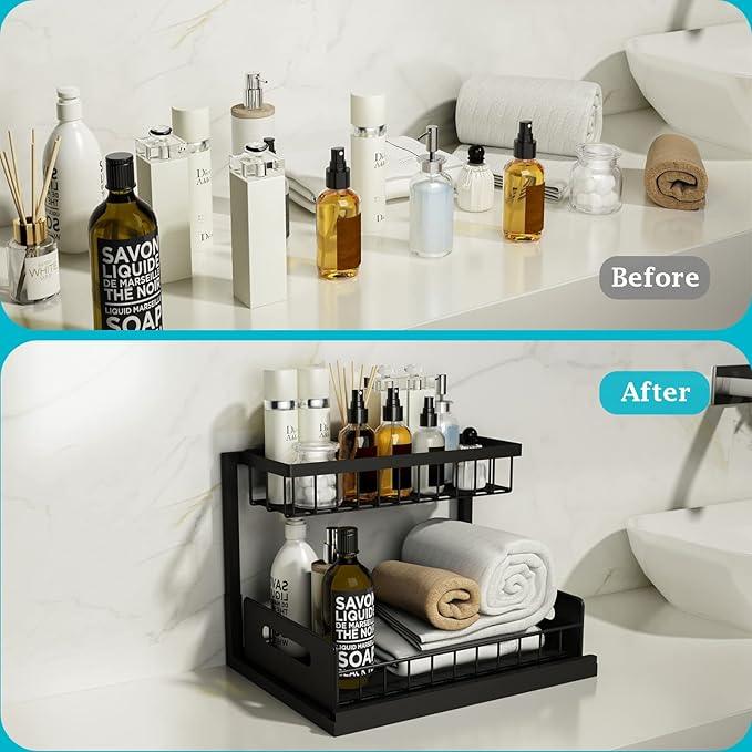 REALINN Under Sink Organizer, Pull Out Cabinet Storage 2 Tier Slide Out Sink Shelf, Kitchen Organizers and Storage, Black, 1 Pack - NeatNest