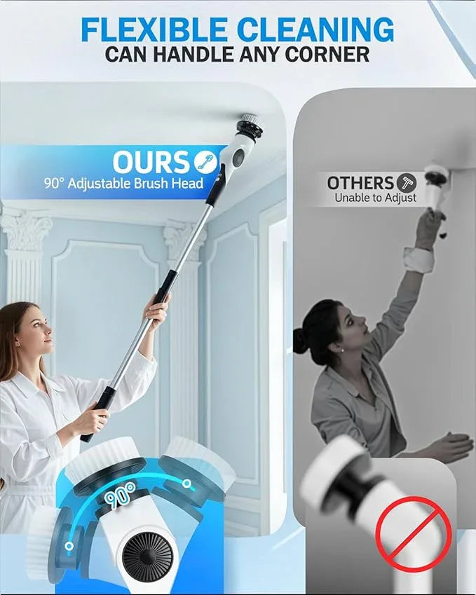 Electric Spin Scrubber, 3-Speed Cordless Shower Scrubber with 90° Adjustable & 10 Replaceable Brush Heads, 90 Mins Runtime & Full-Body IPX7 Waterproof Shower Cleaner Brush with Long Handle - NeatNest