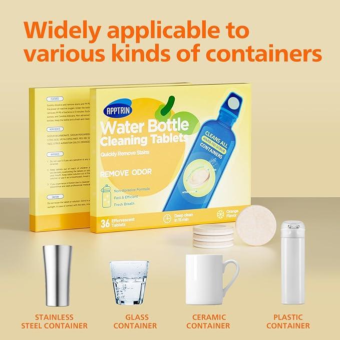 Water Bottle Cleaning Tablets, Bottle Clean Tablet for Hydration Bladders, Stainless Steel, Tumblers, and Glass Bottles, 36 count (Pack of 1), Orange - NeatNest