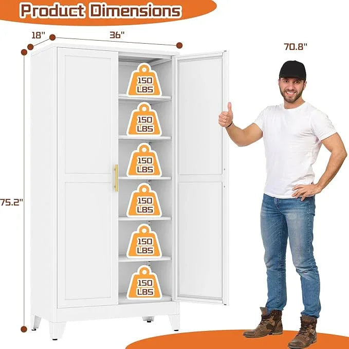 White Metal Storage Cabinet,75" Steel Cabinets for Home Office, Kitchen Pantry Storage Cabinet with Doors and 5 Adjustable Shelves, Tool Cabinets, for Office, Home, Garage, School, 36" W - NeatNest