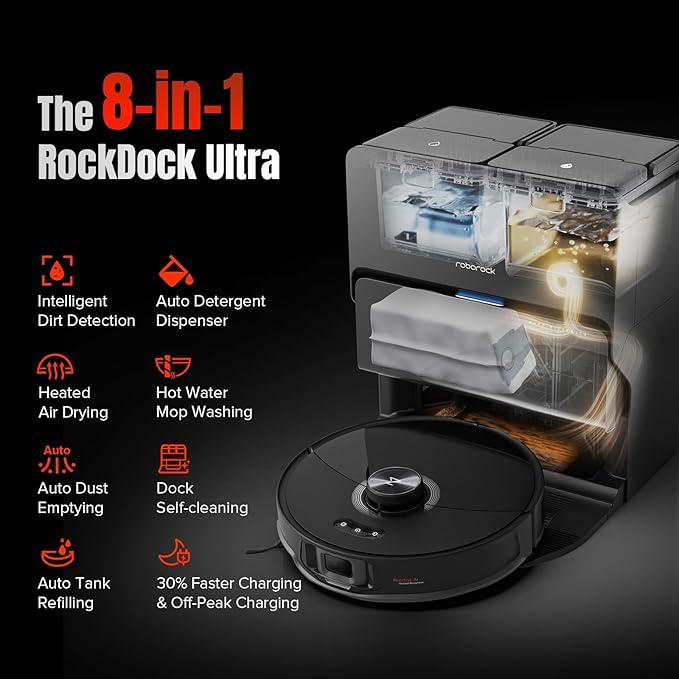 roborock S8 MaxV Ultra Robot Vacuum & Sonic Mop, 10000 Pa Suction, Corner to Edge Deep Cleaning, Hot Air Self-Drying, Auto Empty & Refill, Detergent Dispenser, Obstacle Avoidance, Black - NeatNest