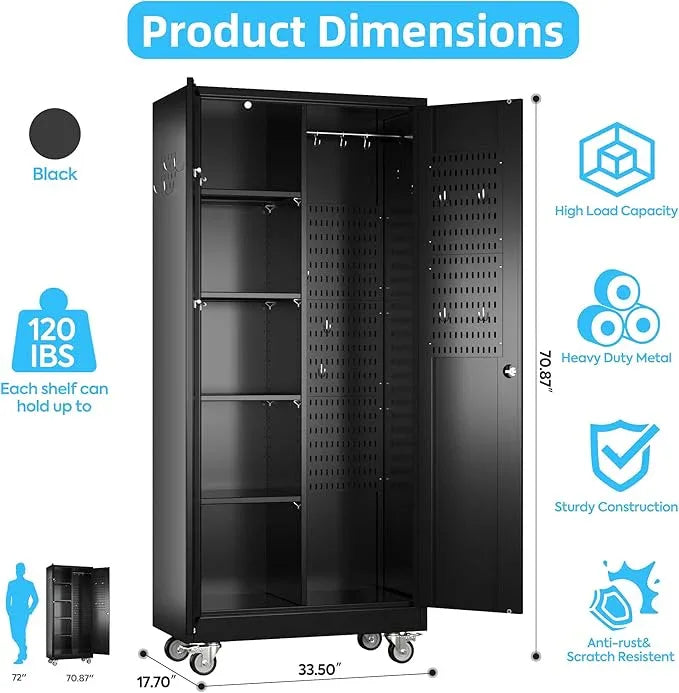 SUXXAN Broom Closet Storage Cabinet with Wheels 71.4"x 33.9"x16.9", Metal Cleaning Cabinets with Hooks and Hanging Rods, Lockable Cabinet with Pegboard, Adjustable Shelf,for Garage, Laundry Room - NeatNest