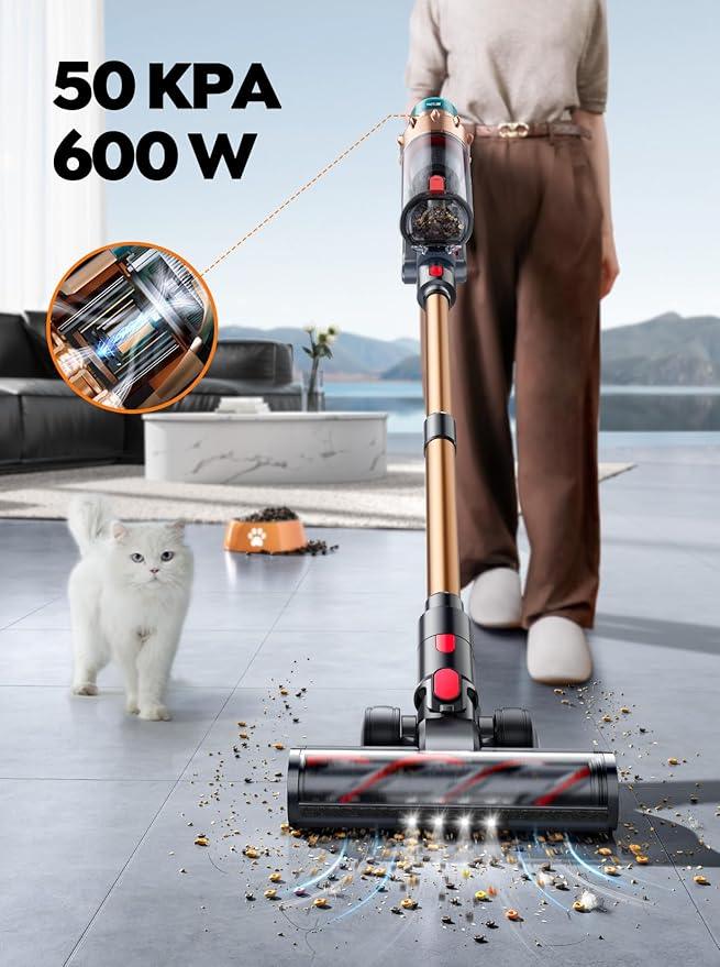 Cordless Vacuum Cleaner, 600W 50KPA 65 Mins Runtime Self-Standing Vacuum Cleaners for Home, Stick Vacuum with Charging Dock Station Removable Battery, Handheld Vacuum for Pet Hair/Carpet/Floor - NeatNest