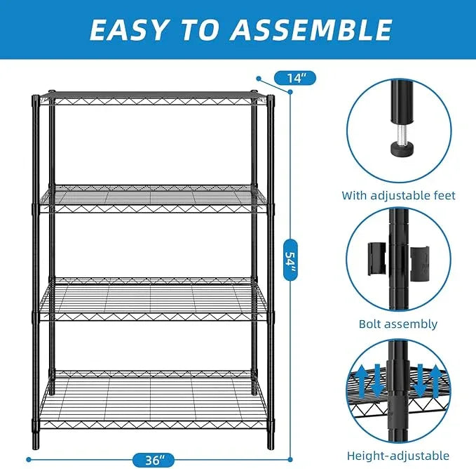 4-Shelf Adjustable Metal Shelf Wire Shelving Unit Storage Rack Display Shelf for Office,Kitchen,Bedroom,Bathroom,Laundry,Pantry Basement,Garage(Black,36" L x 14" W x 54" H) - NeatNest