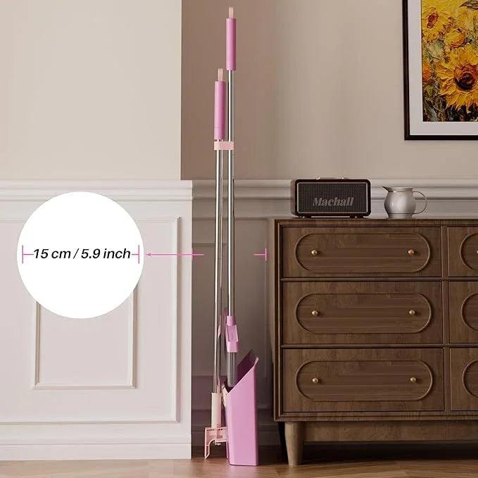 JOYMOOP Pink Broom and Dustpan Set, Upright Angle with Built-in Comb Teeth for Kitchen, Lobby, Pet Hair and Hard Floors - NeatNest