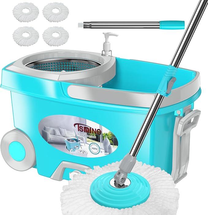 FunClean Spin Mop and Bucket,Mop and Bucket with Wringer Set for Home,360 Spinning Mopping Floor Cleaning Tool with 4 Microfiber Replacement Head Refills,61" Extended Handle, 2X Wheel - Blue - NeatNest