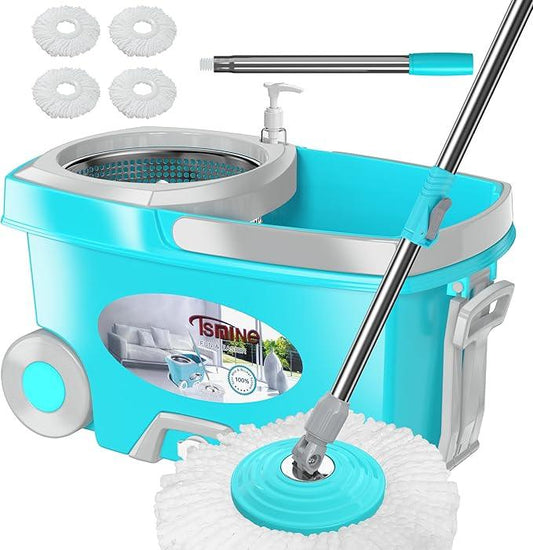 FunClean Spin Mop and Bucket,Mop and Bucket with Wringer Set for Home,360 Spinning Mopping Floor Cleaning Tool with 4 Microfiber Replacement Head Refills,61" Extended Handle, 2X Wheel - Blue - NeatNest