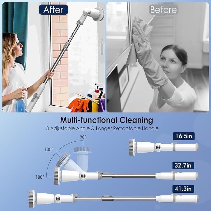 Marchpower Electric Spin Scrubber, Power Shower Scrubber Cordless Cleaning Brush 6 Replaceable Brush Heads, 2 Speeds, Adjustable Detachable Handle, IPX7 Waterproof Bathroom Scrubber Tub Tile Floor - NeatNest