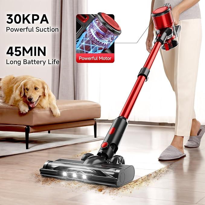 Cordless Vacuum Cleaner for Home - Lightweight, Stick Vacuum Clean with Rechargeable Battery, Max 45Mins Runtime, 8 in 1 Handheld Vacuum for Hardfloor & Carpets Pet Hair, Red&Black - NeatNest