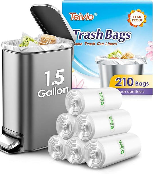 Teivio 1.5 Gallon 210 Counts Small Trash Bags Garbage Bags, Bathroom Trash Can Bin Liners, Small Plastic Bags for home office kitchen, Clear - NeatNest