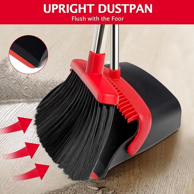 Broom and Dustpan Set with Long Handle, Heavy Dust Broom and Dustpan Combo for Home，Kitchen, Office, Pet Hair (Black Red) - NeatNest