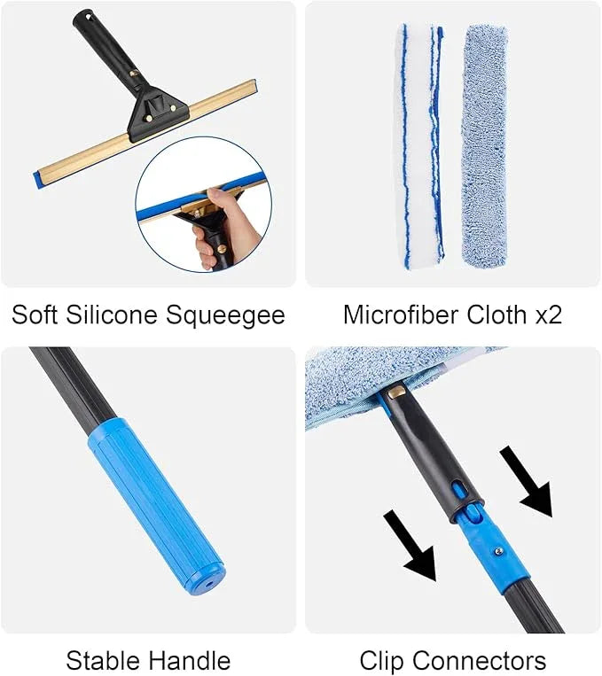 Swivel Squeegee Kit with 4 Extension Poles,Glass Scraper, Bendable Duster, 2 Window Scrubber Cloth for Glass, Car, Floor, Home,Garden - NeatNest