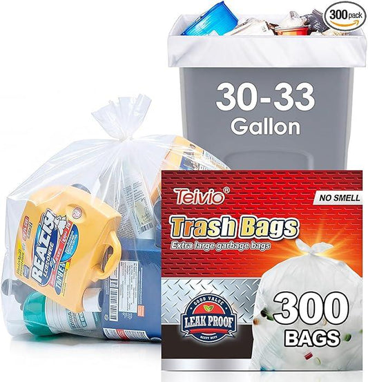 Teivio 30-33 Gallon 300 Counts Large Multipurpose Trash Bags Sturdy Garbage Bags,30 Gal 31 Gal 32Gal 33 Gal 35 Gal,Leaf Bags Outdoor Commercial Trash Can Liner for Construction Sites(Clear) - NeatNest