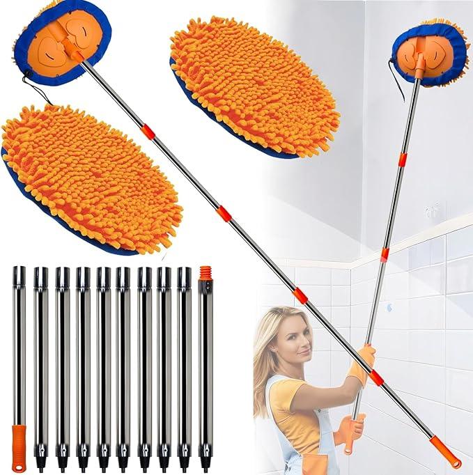 Wall Cleaner, Max 13 Ft+ Wall Mop with Long Handle, Ceiling Dust Mop with 15° Labor-Saving Elbow Extension Pole, Baseboard Duster Washer Scrubber, High Reach Window Cleaning Brush, Roof Cleaning Tool - NeatNest