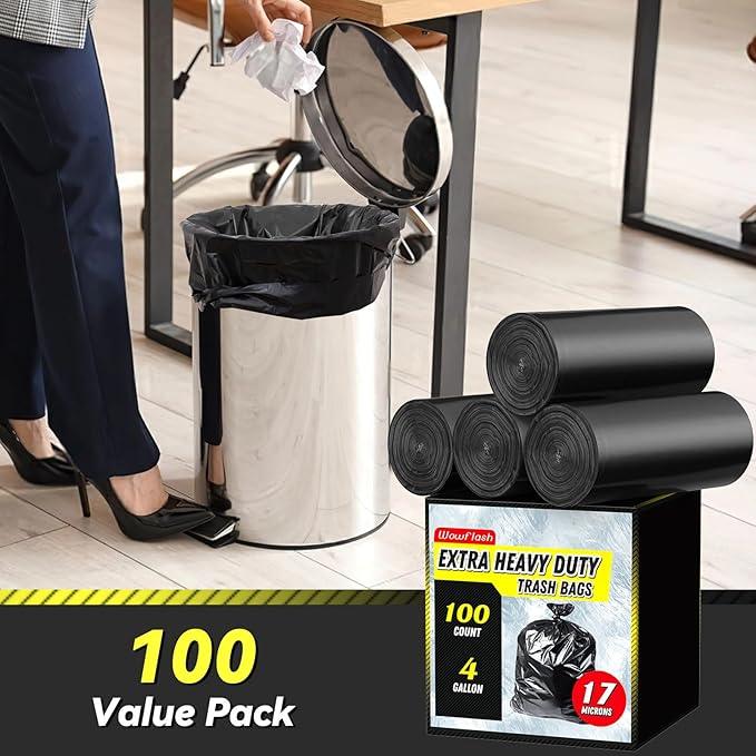 100 Count 17 Micron Extra Heavy Duty 4 Gallon Trash Bags, Sturdy & Tear-Resistant Small Trash Bags for Bathroom & Kitchen - NeatNest