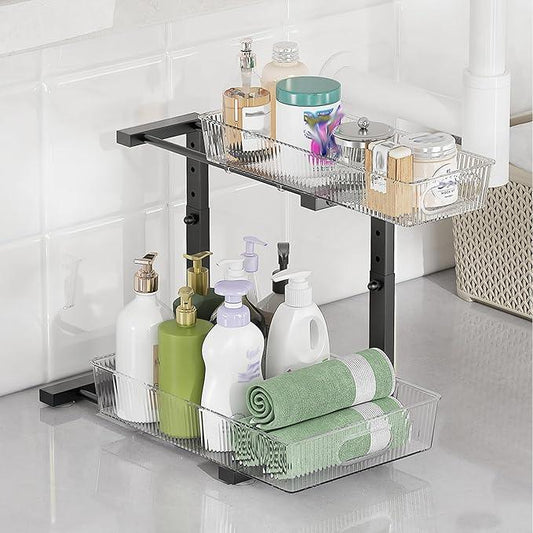 Under Sink Organizer, 2 Tier Pull Out Storage Organizer, Slide Out Storage Shelf for Bathroom & Kitchen, Under Cabinet Organizer and Storage with 5 Gears Height Adjustable (Black, 1 Pack) - NeatNest