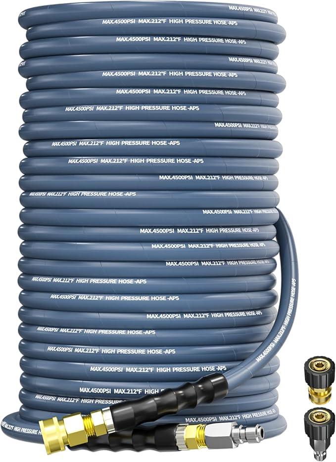 Pressure Washer Hose 150FT 3/8" for Cold and Hot Water 212°F, with Swivel Quick Connect, 4500PSI Kink Resistant Grade Steel Wire Braided, Power Washer Hose With 2pcs M22-14mm Adapter - NeatNest