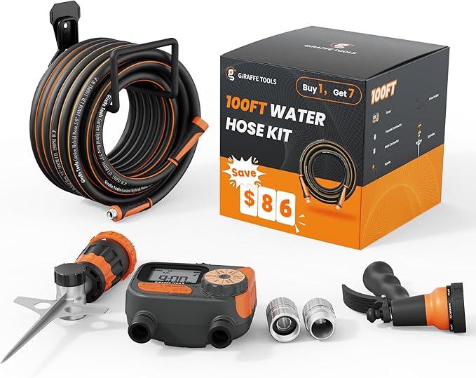 Giraffe Tools Garden Hose 100ft x 5/8", Water Hose Heavy Duty, Flexible with Watering Timer Nozzle and Yard Sprinkler, Lightweight Hybrid Hose with Swivel Handle, Male to Female Fittings - NeatNest