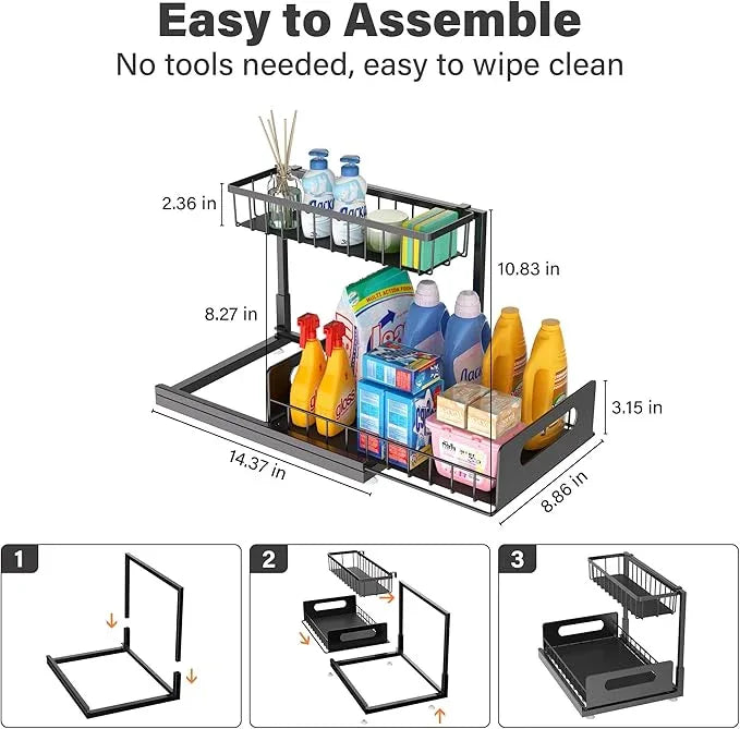 2 Pack Under Sink Organizer, 2 Tier Pull Out Cabinet Organizer,Slide out Metal Cabinet Organizers Multi-Purpose Drawer Shelf for Kitchen Bathroom Pantry Cabinet Closet Organization Rack,Black - NeatNest