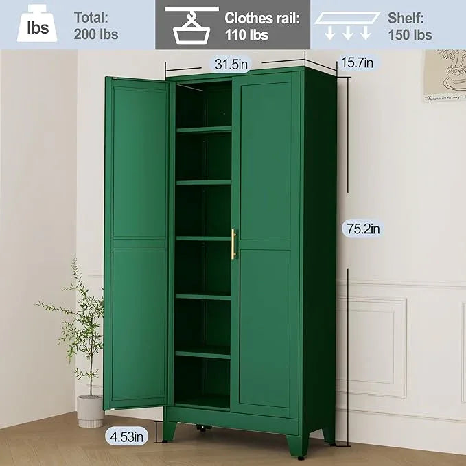 Green Metal Storage Cabinet,75" Steel Cabinets for Home Office, Kitchen Pantry Storage Cabinet with Doors and 5 Adjustable Shelves, Tool Cabinets, for Office, Home, Garage, School - NeatNest