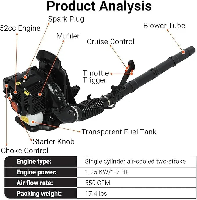 Backpack Leaf Blower,52CC Backpack Leaf Blower Gas Powered,550CFM 2-Stroke Engine Gas Leaf Blower,Powerful Air Cooling Gasoline Backpack Blower Snow Blower for Garden Yard (550CFM Black) - NeatNest