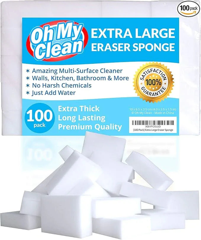 (100 Pack) Extra Large Eraser Sponge - Extra Thick, Long Lasting, Premium Melamine Sponges in Bulk - Multi Surface Power Scrubber Foam Cleaning Pads - Bathtub, Floor, Baseboard, Bathroom, Wall Cleaner - NeatNest